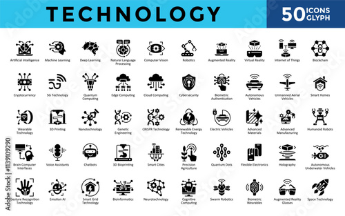Technology icons set with artificial intelligence, machine learning, deep learning, natural language processing, computer vision, robotics, augmented reality icon. Simple glyph vector 

