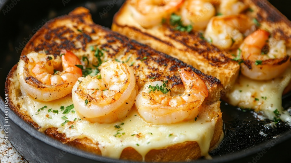 Delicious Shrimp Toast with Melted Cheese and Fresh Herbs, Perfectly Grilled and Served in a Cast Iron Pan, Ideal for Seafood Lovers and Food Enthusiasts Delicious Shrimp Toast with Melted Cheese and Fresh Herbs, Perfectly Grilled and Served in a Cast Iron Pan, Ideal for Seafood Lovers and Food Enthusiasts