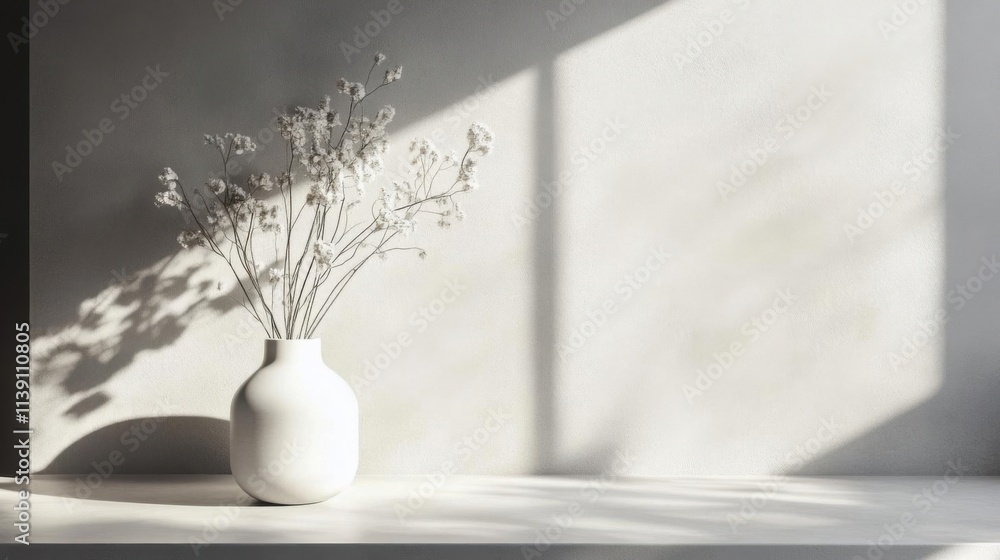 White vase with dried flowers sits on shelf in sunlight White vase with dried flowers sits on shelf in sunlight