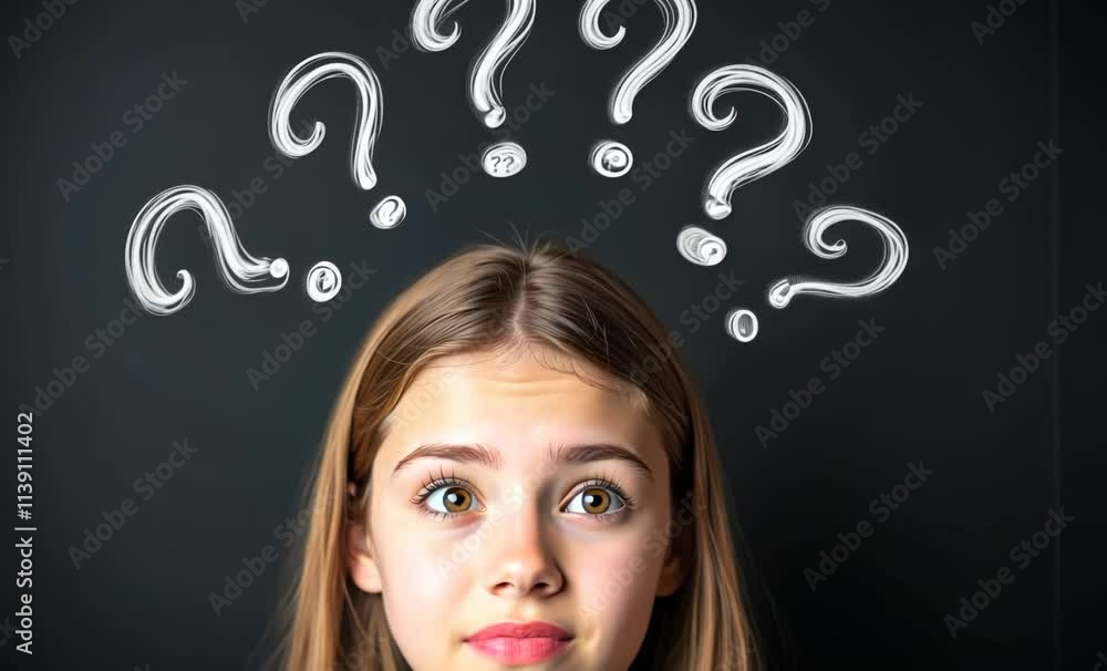 Intrigued Young Girl with Question Marks: Perfect for Educational, Curiosity, and Learning Themed Projects and Marketing Materials Intrigued Young Girl with Question Marks: Perfect for Educational, Curiosity, and Learning Themed Projects and Marketing Materials