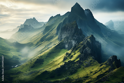 misty morning hours unveil a mountain range's awe-inspiring allure, with its rugged terrain, soft illumination, and inherent tranquility that mountains so often bestow photo