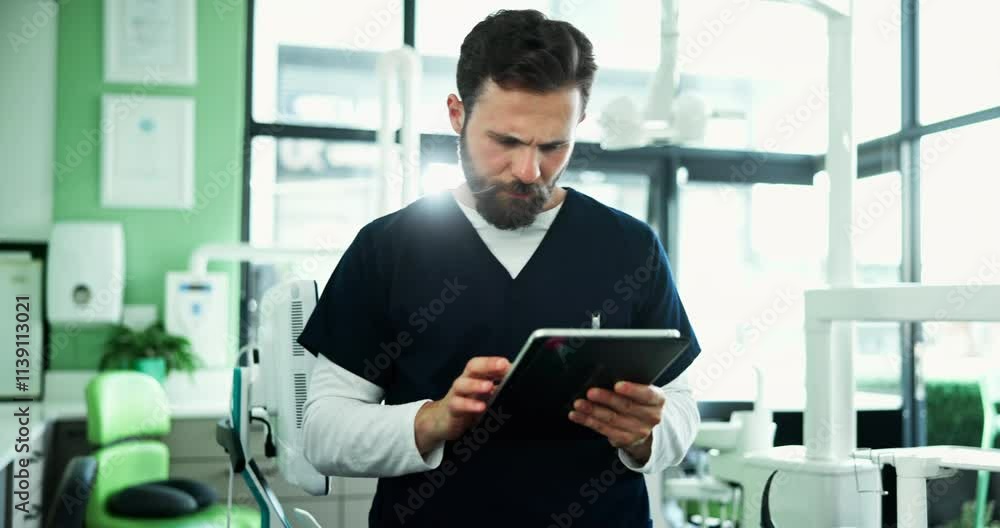 Search, man or dentist in office with tablet, thinking or checking online schedule on website. Healthcare, technician and dental hygienist in clinic with digital app for report, results or planning Search, man or dentist in office with tablet, thinking or checking online schedule on website. Healthcare, technician and dental hygienist in clinic with digital app for report, results or planning
