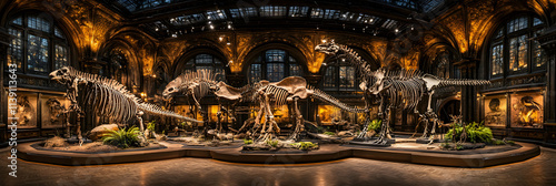 Museum Exhibit,  Ancient Dinosaur Skeletons in Ornate Hall,  Majestic Fossils Displayed Elegantly in Golden Setting photo