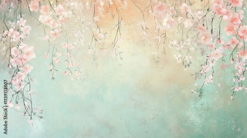 Pastel Pink Cherry Blossoms Cascading on a Textured Mint Green Background Pastel Pink Cherry Blossoms Cascading on a Textured Mint Green Background