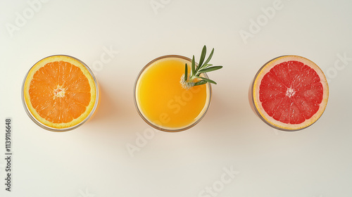 Freshly squeezed orange juice in glasses isolated on white background, top view. photo