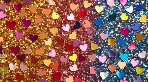 Colorful hearts scattered on glittering gold and blue backgrounds photo