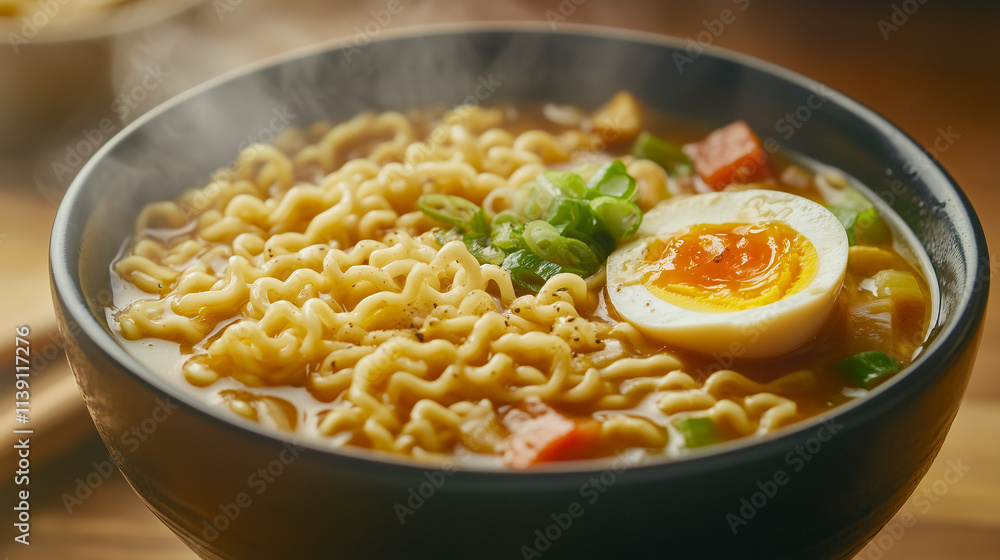 steaming bowl of ramen with noodles, egg, and vegetables in a rich broth steaming bowl of ramen with noodles, egg, and vegetables in a rich broth