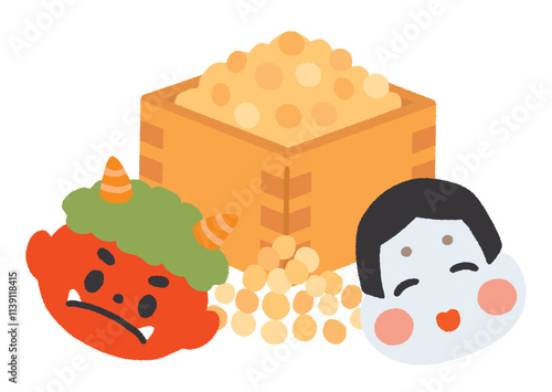 節分の豆と赤鬼とおかめのイラスト
