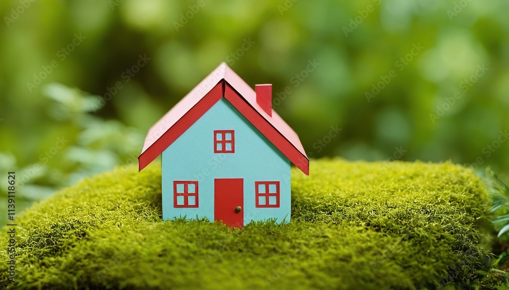 Eco model of house as symbol on sunny forest background Eco model of house as symbol on sunny forest background