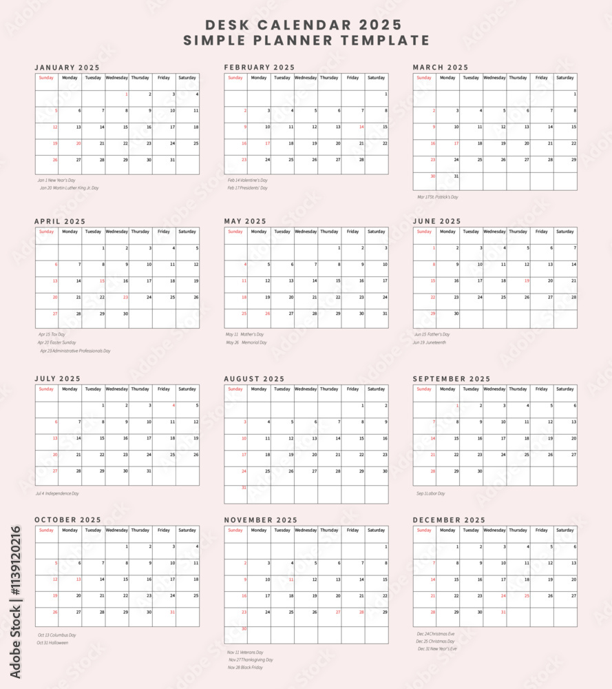 2025 desk calendar template with US holidays, clean layout, modern design, and monthly planner view. vector illustration 2025 desk calendar template with US holidays, clean layout, modern design, and monthly planner view. vector illustration