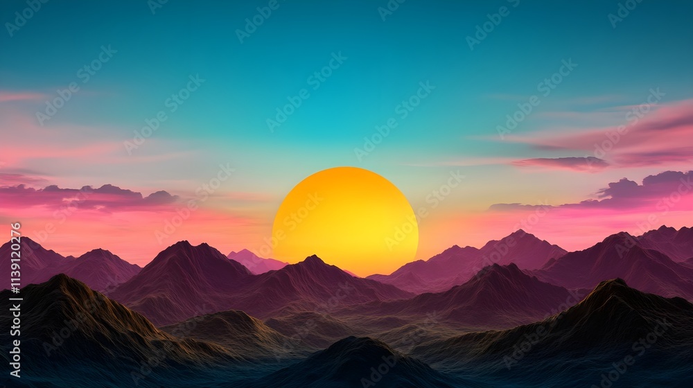 Vibrant Sunset or Sunrise Over Majestic Mountains with a Glowing Yellow Sun and Colorful Sky, Featuring Layers of Pink, Orange, and Blue Tones to Capture Nature's Tranquil Beauty Vibrant Sunset or Sunrise Over Majestic Mountains with a Glowing Yellow Sun and Colorful Sky, Featuring Layers of Pink, Orange, and Blue Tones to Capture Nature's Tranquil Beauty