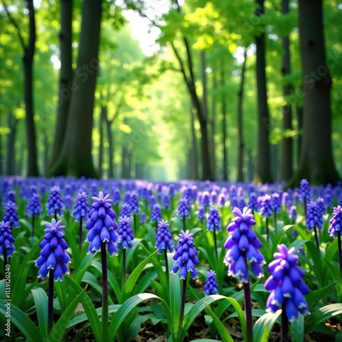 Pale blue Spanish bluebells in a forest carpet, landscape, spanishbluesbell, hyacinthoides photo