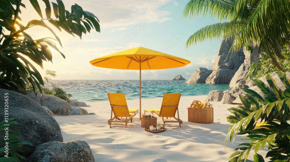 Naklejka premium Tranquil Beach Scene with Yellow Umbrella and Lounge Chairs