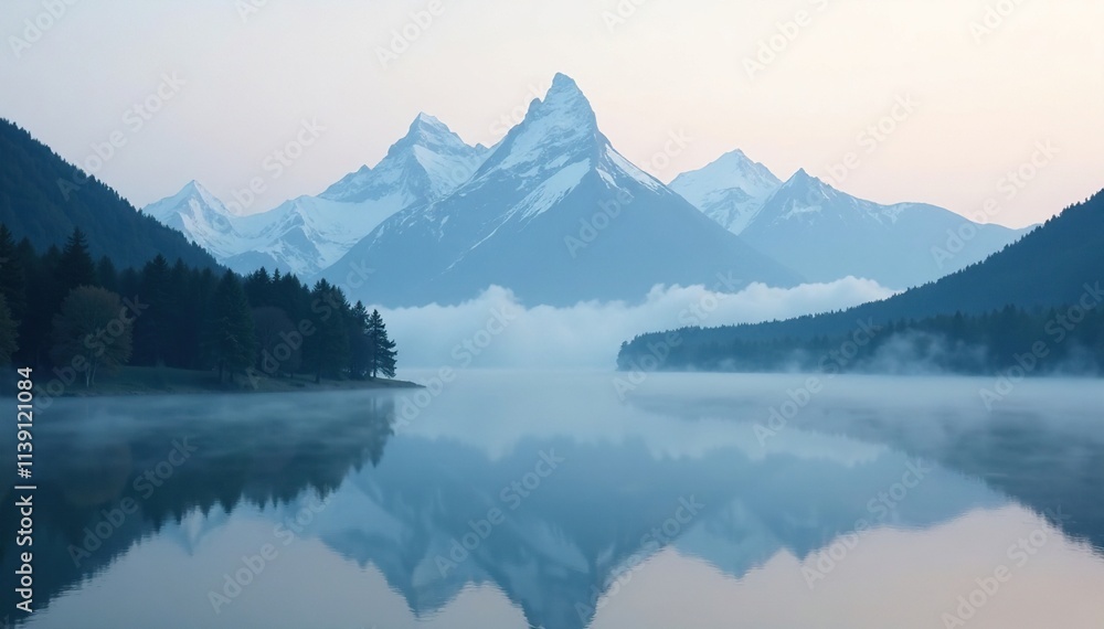Mist-shrouded peaks rising above a misty pond, blending with the foggy atmosphere, mist, water Mist-shrouded peaks rising above a misty pond, blending with the foggy atmosphere, mist, water