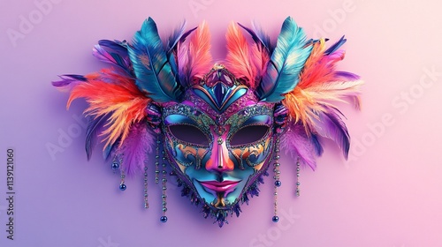 A colorful Mardi Gras mask with feathers and beads