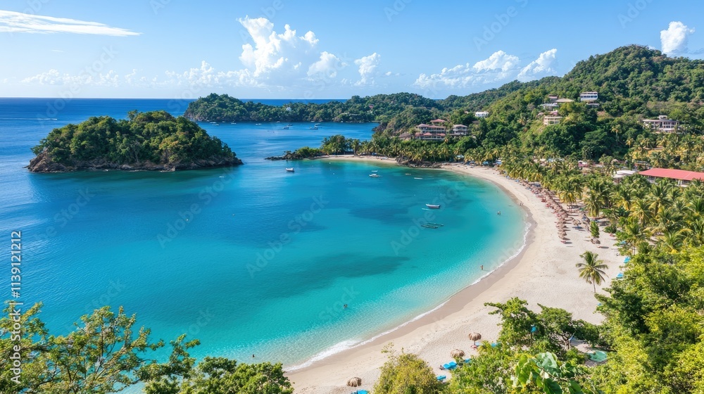 Serene Tropical Beach with Clear Blue Water and Lush Green Hills Serene Tropical Beach with Clear Blue Water and Lush Green Hills