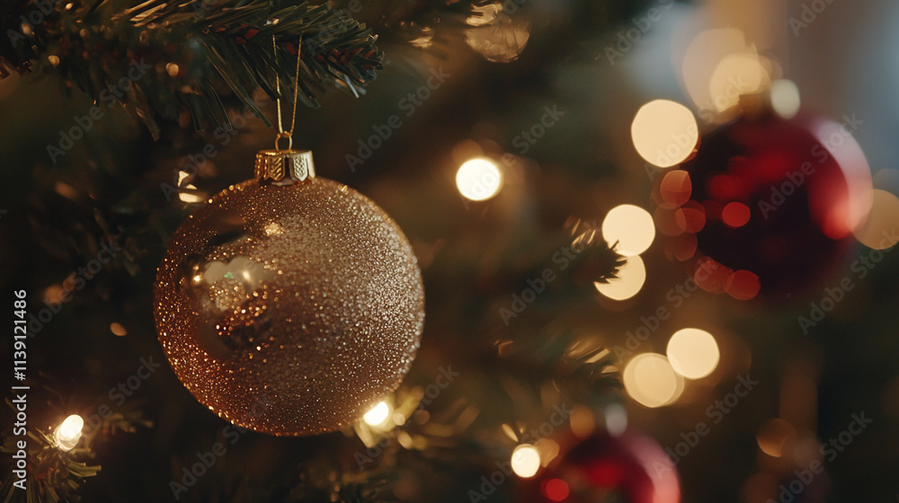 Christmas tree highlights a gold ornament, symbolizing prosperity, unity, and timeless elegance. Red ornaments add warmth. Blurred golden lights evoke peace, celebration, and nostalgia