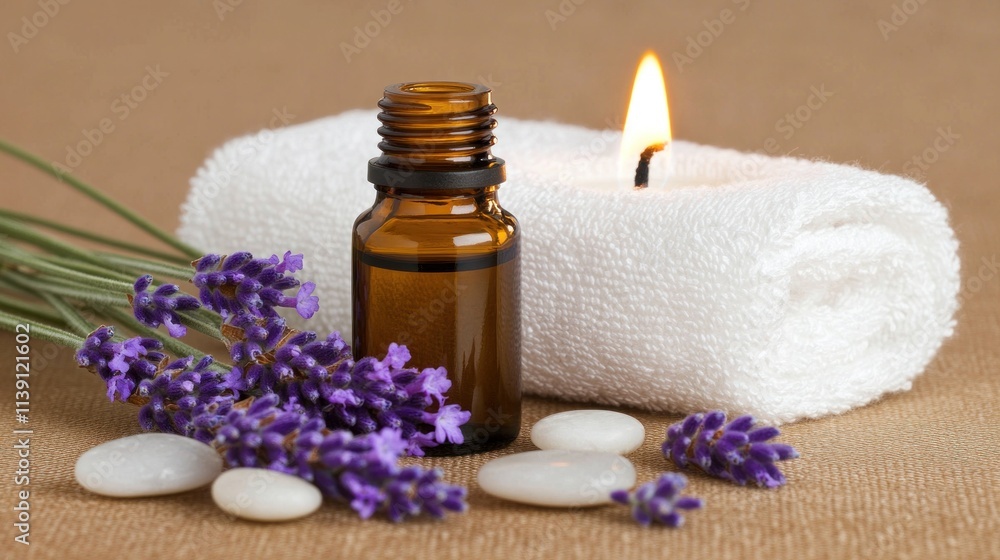 Lavender essential oil, candle, and towel. Lavender essential oil, candle, and towel.