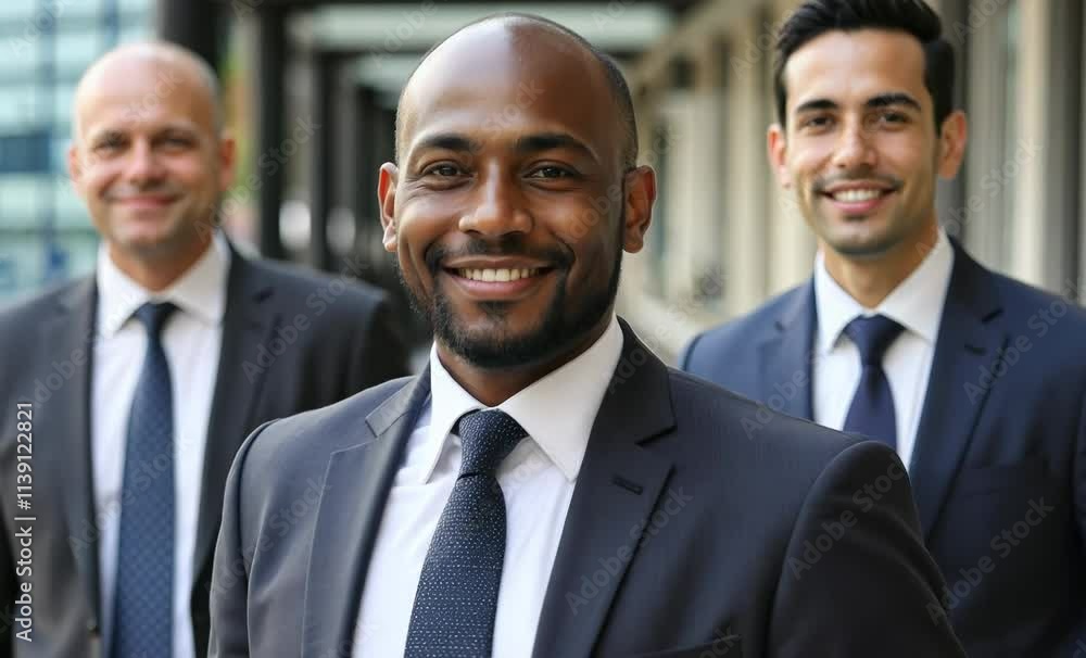 Professional Business Men in Suits Smiling Confidently Together in Office Setting, Perfect for Corporate Marketing or Team Building Materials Professional Business Men in Suits Smiling Confidently Together in Office Setting, Perfect for Corporate Marketing or Team Building Materials