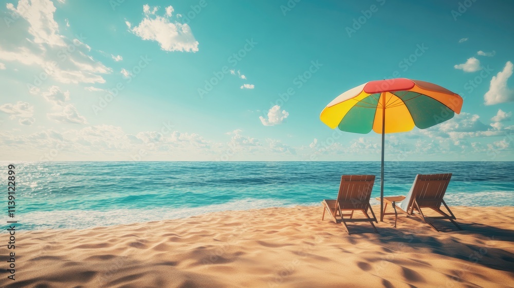 Sunny Beach Scene with Colorful Umbrella and Empty Lounge Chairs Sunny Beach Scene with Colorful Umbrella and Empty Lounge Chairs