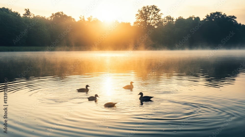 Naklejka premium Serene Sunrise Over a Misty Lake with Ducks Swimming Peacefully
