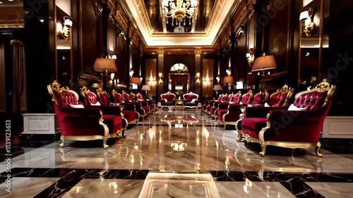 Elegant and luxurious hotel lobby featuring marble floors and red velvet furniture, exuding sophistication