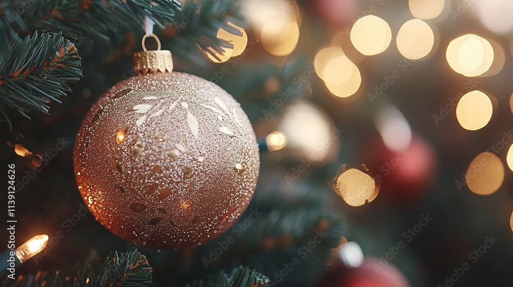 Christmas tree highlights a gold ornament, symbolizing prosperity, unity, and timeless elegance. Red ornaments add warmth. Blurred golden lights evoke peace, celebration, and nostalgia Christmas tree highlights a gold ornament, symbolizing prosperity, unity, and timeless elegance. Red ornaments add warmth. Blurred golden lights evoke peace, celebration, and nostalgia