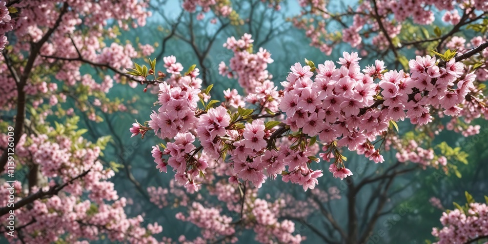 blooming cherry blossom tree branches in full bloom with vibrant pink flowers and lush green leaves, dense foliage, spring flowers blooming cherry blossom tree branches in full bloom with vibrant pink flowers and lush green leaves, dense foliage, spring flowers