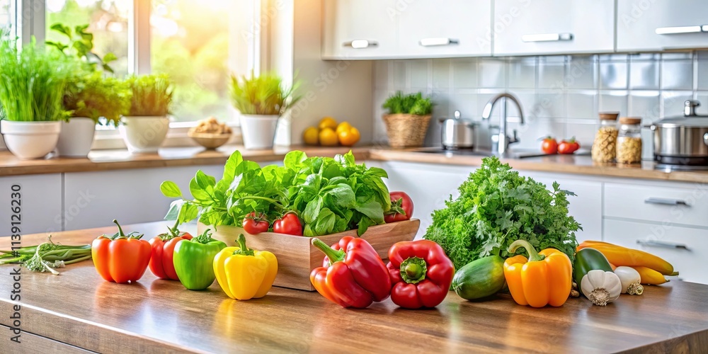 A vibrant kitchen counter displays an assortment of fresh vegetables, including red and yellow bell peppers, tomatoes, green herbs, and garlic, promising a healthy and delicious meal. A vibrant kitchen counter displays an assortment of fresh vegetables, including red and yellow bell peppers, tomatoes, green herbs, and garlic, promising a healthy and delicious meal.