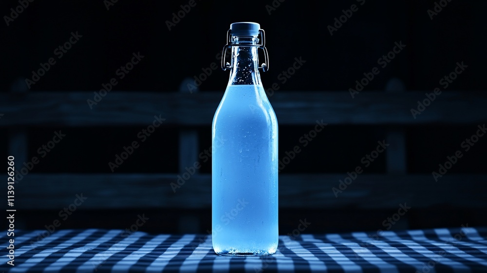 Glowing blue liquid in a glass bottle on a checkered tablecloth at night. Glowing blue liquid in a glass bottle on a checkered tablecloth at night.