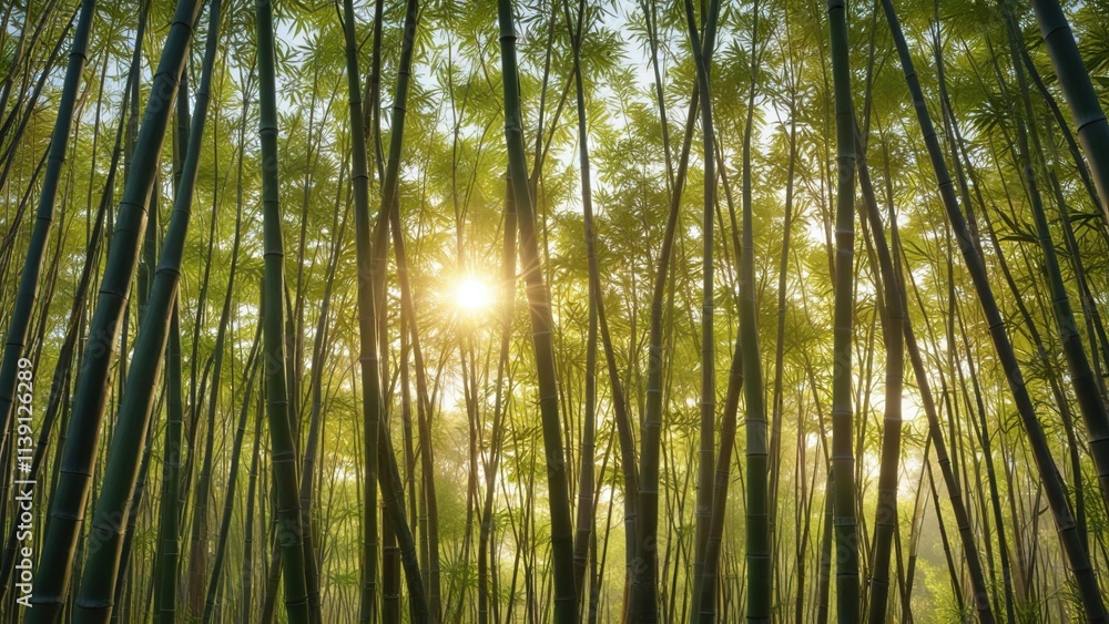 Fototapeta premium Bamboo stalks swaying in the wind with sunlight filtering through , nature, Asia, botanical garden