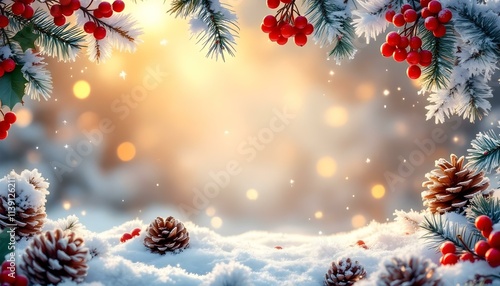 snowflakes, blank, space, freeform, bordered, pinecones, holly, berries, red, icy, branches, winter, glow, background, seasonal, festive, holiday, Christmas, cold, nature, decorative, frosty, elegant,