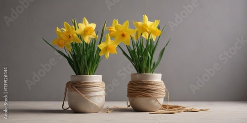 Daffodil stems and leaves wrapped in twine, placed in a simple yet elegant ceramic vessel , spring, daffodil photo