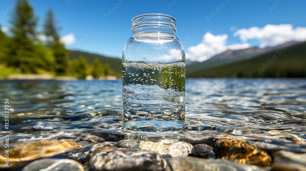 Clear water bottle by a pristine lake. Clear water bottle by a pristine lake.