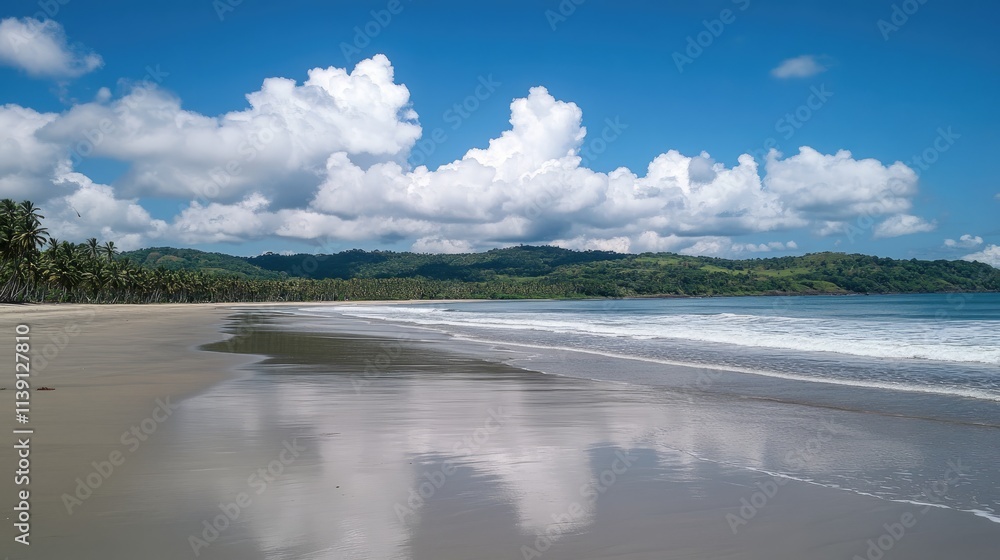 Obraz premium Serene Beach Landscape with Reflection and Lush Green Mountains