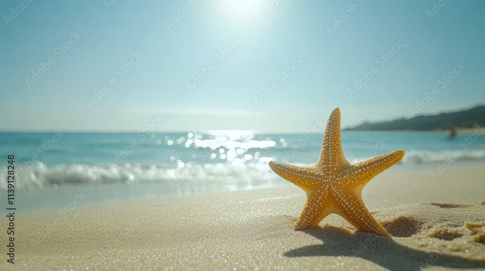 Starfish on Golden Sand with Sunlight and Ocean Waves in Background Starfish on Golden Sand with Sunlight and Ocean Waves in Background