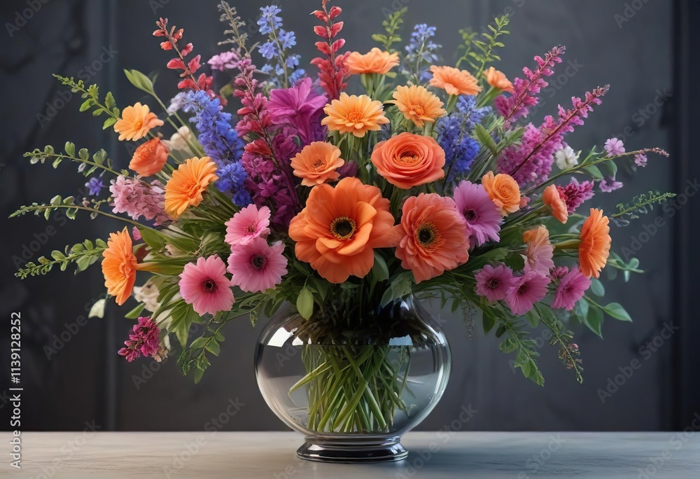Exquisite Floral Bouquet in a Charming Glass Vase , flowers, ornate, home decor item Exquisite Floral Bouquet in a Charming Glass Vase , flowers, ornate, home decor item