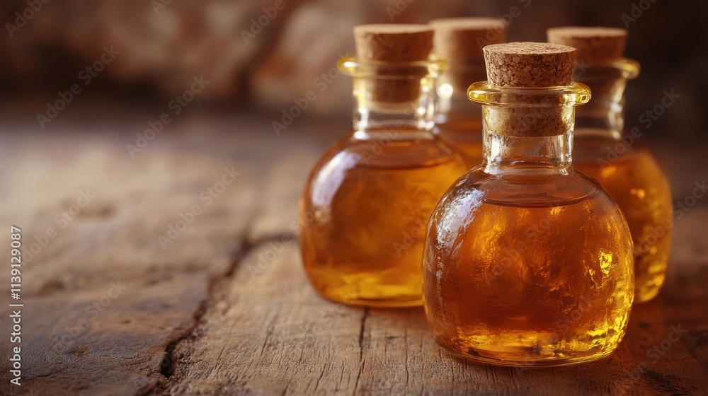 Amber Glass Bottles of Essential Oil on Rustic Wooden Surface Amber Glass Bottles of Essential Oil on Rustic Wooden Surface