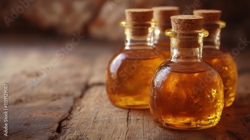 Wallpaper Mural Amber Glass Bottles of Essential Oil on Rustic Wooden Surface Torontodigital.ca