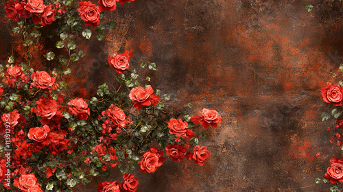 Red Roses Cascading on a Rustic Brown Background