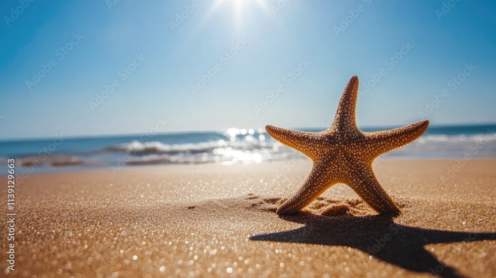 Starfish on Beach Sand with Ocean Waves and Bright Sunlight Starfish on Beach Sand with Ocean Waves and Bright Sunlight