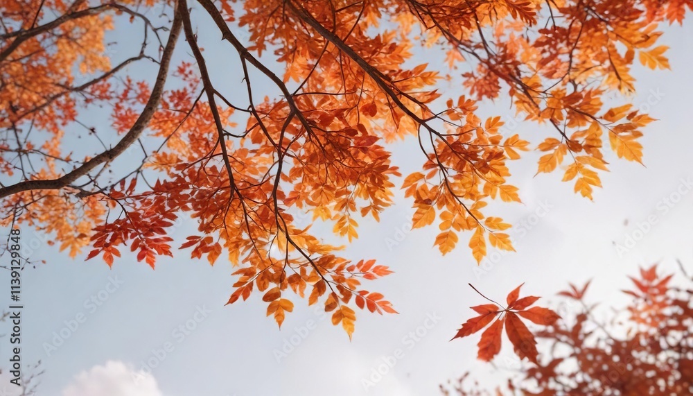 Fototapeta premium Softly glowing orange and red hues dance across the sky as leaves fall gently on a crisp autumn day against a soft white background, colorful scene, seasonal change, nature photography