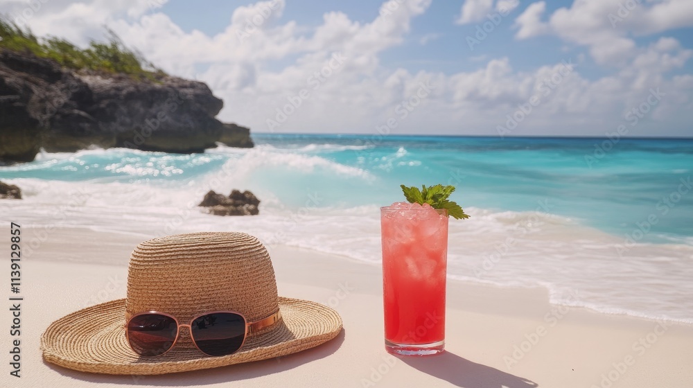 Relaxing Beach Scene with Hat and Cocktail on Sandy Shoreline Relaxing Beach Scene with Hat and Cocktail on Sandy Shoreline