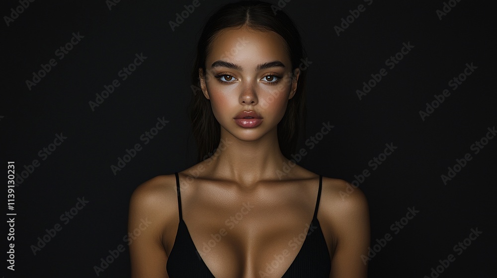 Portrait of a young woman with tan skin and dark hair against a black background. Portrait of a young woman with tan skin and dark hair against a black background.