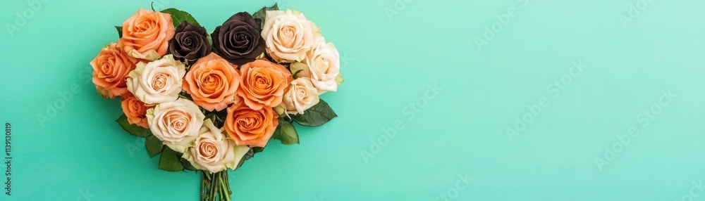 Fototapeta premium Heart-Shaped Arrangement of Beautiful Roses in Various Shades on a Vibrant Teal Background Ideal for Celebrations and Special Occasions
