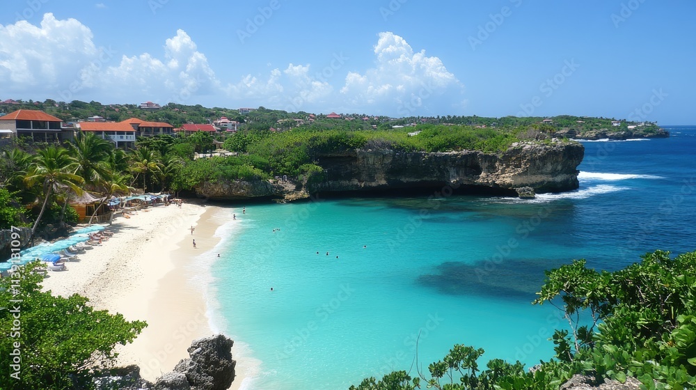 Fototapeta premium Serene Beach with Clear Turquoise Water and Lush Green Cliffs