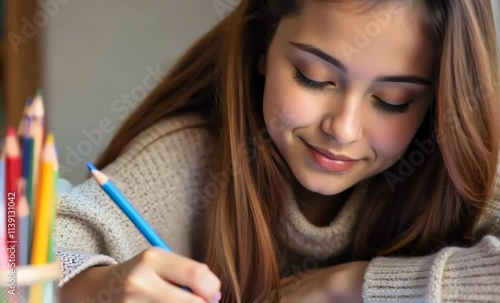 Focused Young Girl Studying with Colored Pencils: Perfect for Educational and Inspirational Posters, Book Covers, and School Supplies photo