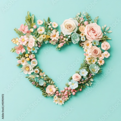 Wallpaper Mural Heart-Shaped Floral Arrangement Crafted with Roses, Succulents, and Delicate Blooms on Soft Mint Background for Celebrating Love and Nature's Beauty Torontodigital.ca