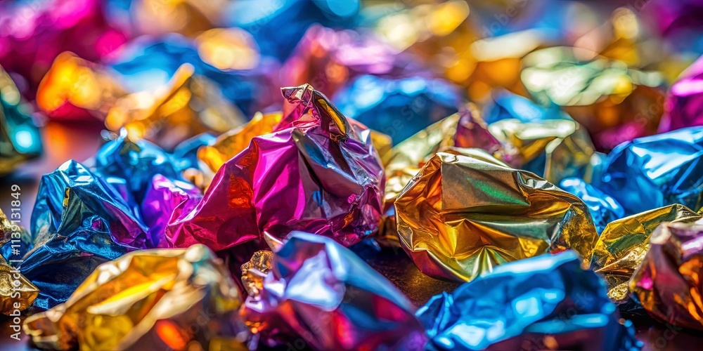 A vibrant pile of colorful foil-wrapped sweets, reflecting light in a dazzling display of texture and shine A vibrant pile of colorful foil-wrapped sweets, reflecting light in a dazzling display of texture and shine
