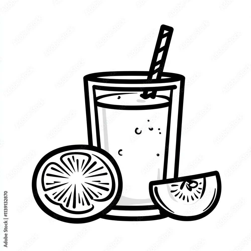Black and white illustration of a glass of juice with orange and apple slices.